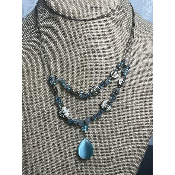 Opal Blue Bead Earrings & Necklace Set With Silver Chain - Picture 2 of 6